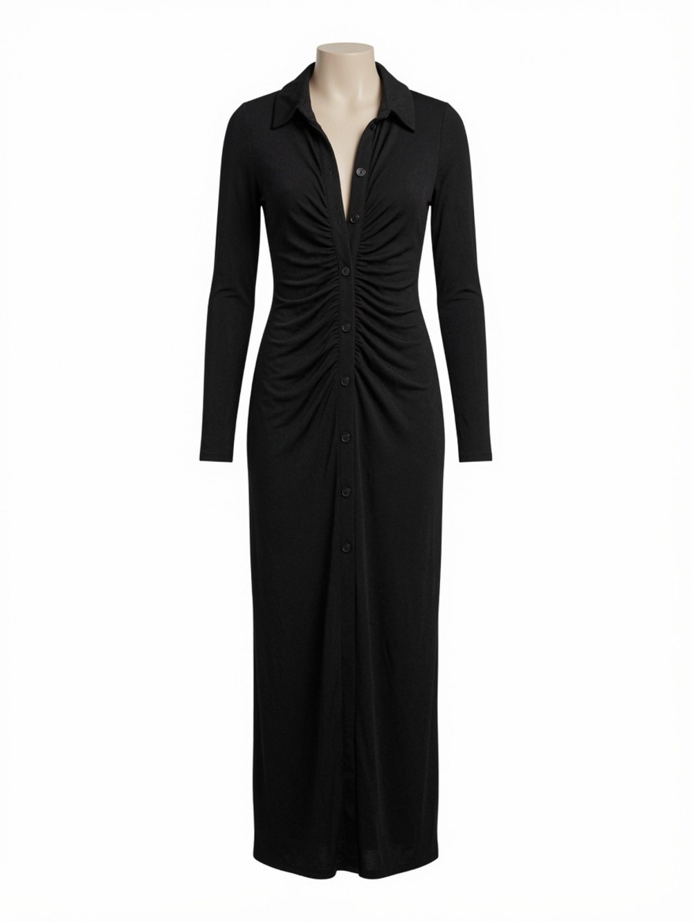 Black Ruched Front Long Sleeve Maxi Dress